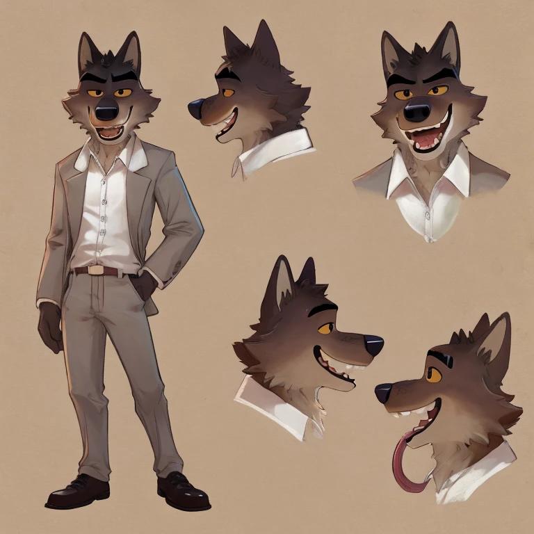 Mr. Wolf (The Bad Guys), DreamWorks Animation, 2D, Looking at viewer, Open Mouth, Tongue Out, Long Tongue, Wide-Eyed, Wolf Ears, Anatomically Correct, Seductive Smile, Raised Eyebrow, Oral Invitation, Simple background, Multiple Views, Full Body Shot, Character Sheet Full-Length, Character Design, Illustration, High Resolution, Super Detailed, Textured Skin