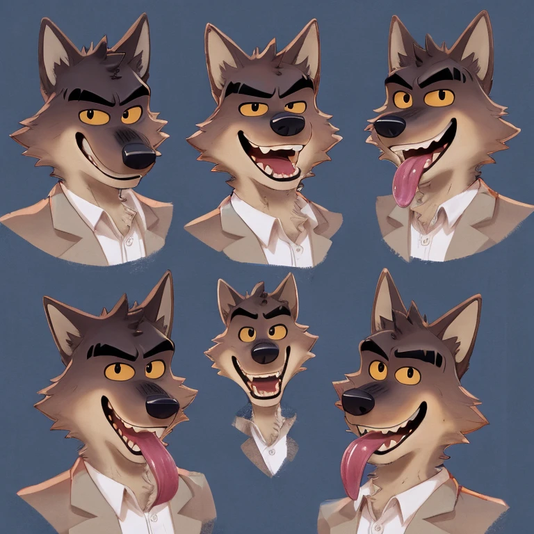 Mr. Wolf (The Bad Guys), DreamWorks Animation, 2D, Looking at viewer, Open Mouth, Tongue Out, Long Tongue, Wide-Eyed, Wolf Ears, Anatomically Correct, Seductive Smile, Raised Eyebrow, Oral Invitation, Simple background, Multiple Views, Full Body Shot, Character Sheet Full-Length, Character Design, Illustration, High Resolution, Super Detailed, Textured Skin