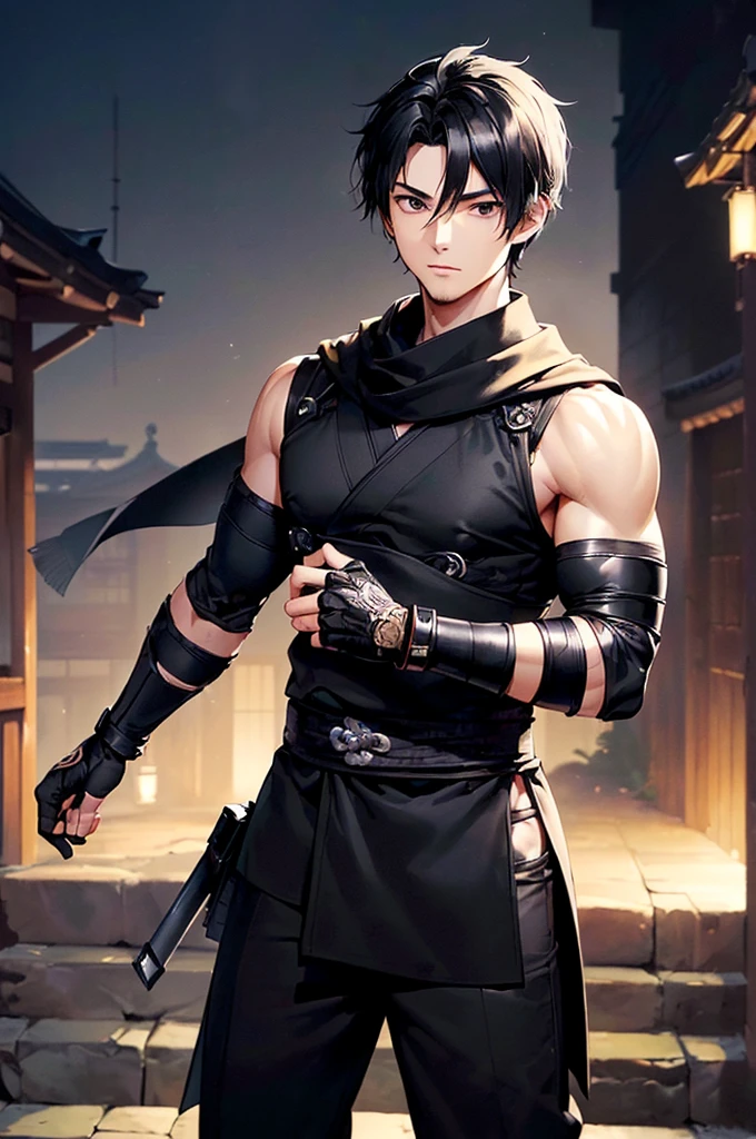 (((masterpiece; best quality: 1.2))), (finely detailed eyes: 1.3), ((1 young man)), ((solo)), (black eyes: 1.4), (body shape; lean, masculine: 1.3), (very short black hair: 1.3), (beautiful and clear background: 1.2), ((depth of field)), (equipment: black shinobi clothing + fully covered + black kimono + black pants + black scarf + black bracers + black fingerless gloves: 1.3), (anime illustration: 1.2), (background composition; old japanese mansion + night: 1.1), (extremely fine and handsome: 1.1), (shot composition; standing + centered on torso + close-up: 1.5), (facial expression; calm, stoic: 1.2)