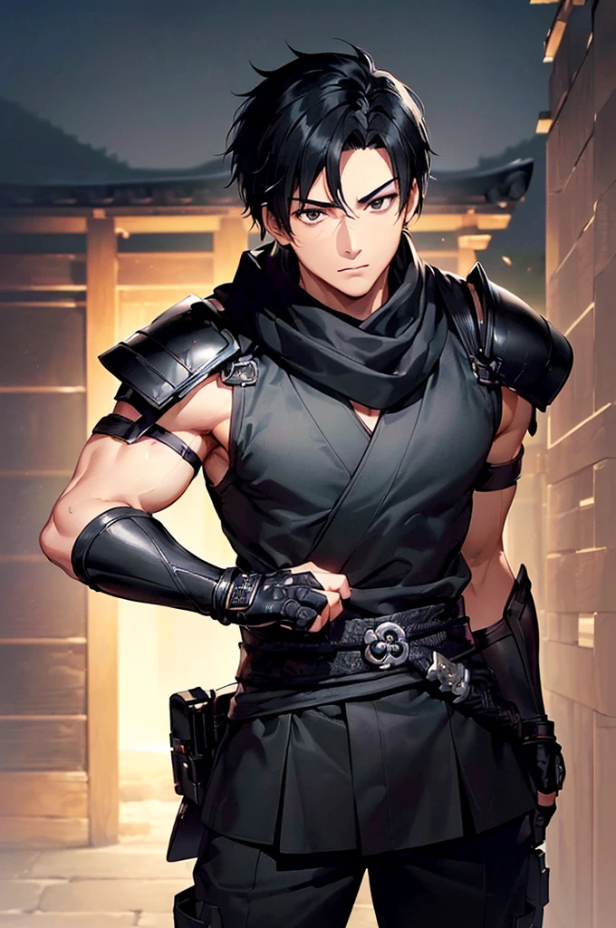 (((masterpiece; best quality: 1.2))), (finely detailed eyes: 1.3), ((1 young man)), ((solo)), (black eyes: 1.4), (body shape; lean, masculine: 1.3), (very short black hair: 1.3), (beautiful and clear background: 1.2), ((depth of field)), (equipment: black shinobi clothing + fully covered + black kimono + black pants + black scarf + black bracers + black fingerless gloves: 1.3), (anime illustration: 1.2), (background composition; old japanese mansion + night: 1.1), (extremely fine and handsome: 1.1), (shot composition; standing + centered on torso + close-up: 1.5), (facial expression; calm, stoic: 1.2)
