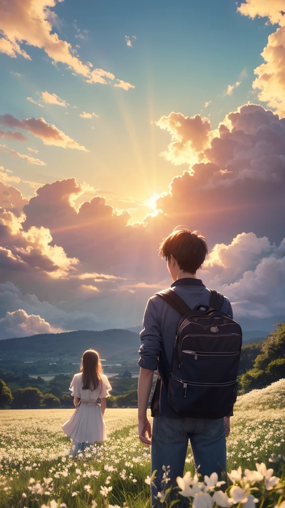 "Anime-style illustration of two young men and women looking up at the sunset sky. A boy and a girl are standing with their backs to each other in the foreground, With thick clouds and sunlight spreading across the sky. Children are standing in front of an old metal fence, Surrounded by white flowers, White flowers are falling. Rainbow light shines in the sky, exuding a mysterious atmosphere. The illustrations are drawn in Makoto Shinkai's detailed anime style., With rich colors and light. This scene has a fantastic and moving atmosphere.."