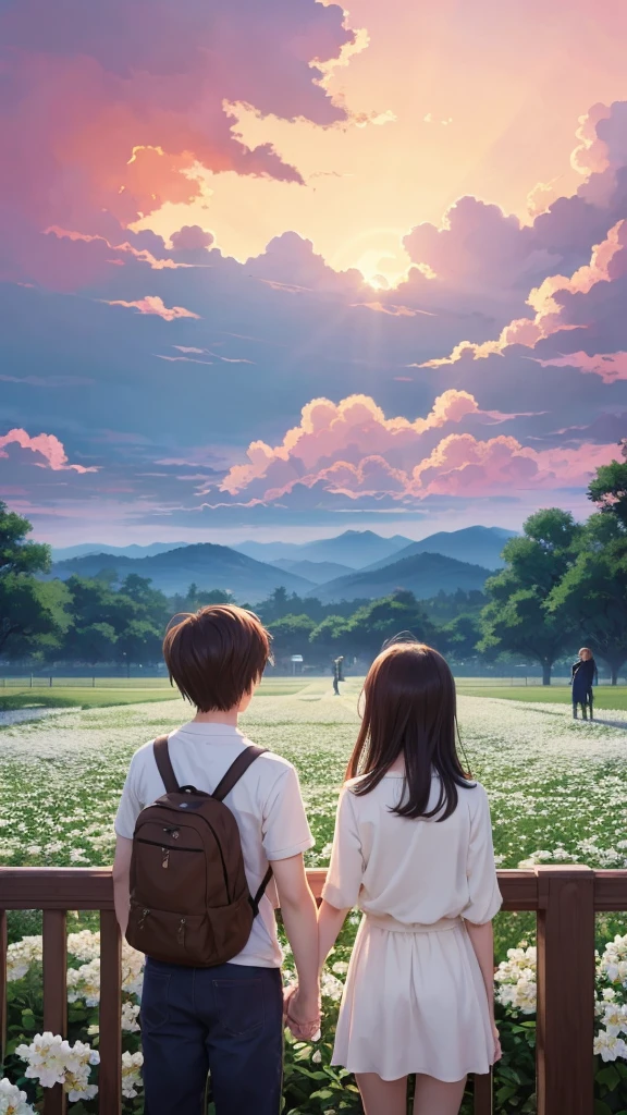 "Anime-style illustration of two young men and women looking up at the sunset sky. A boy and a girl are standing with their backs to each other in the foreground, With thick clouds and sunlight spreading across the sky. Children are standing in front of an old metal fence, Surrounded by white flowers, White flowers are falling. Rainbow light shines in the sky, exuding a mysterious atmosphere. The illustrations are drawn in Makoto Shinkai's detailed anime style., With rich colors and light. This scene has a fantastic and moving atmosphere.."