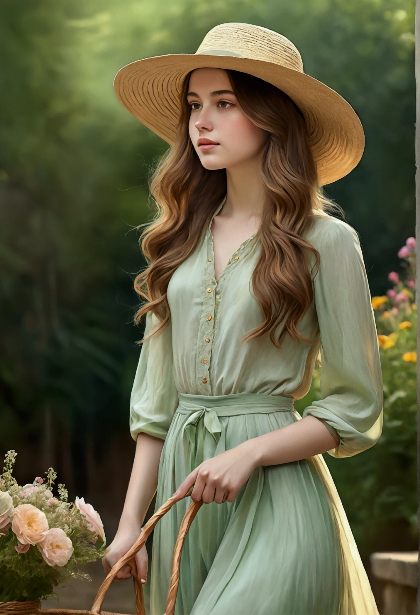 Create a digital illustration in a style that mixes realism and watercolor of a young woman (in standing profile) with fair skin with a soft and serene expression. She must be portrayed in full body, showing her beautiful green shoes. She has long, wavy brown hair that flows around her face naturally. His eyes are clear and bright, conveying a feeling of tranquility. The young woman wears a straw hat decorated with flowers, which add a touch of delicacy and romanticism to the scene. Her clothing is light and fluid, in pastel tones that complement the ethereal atmosphere of the image. The color palette should be soft, with touches of golden light and subtle shadows to create a feeling of warmth and harmony. She walks along a path with a bed of colorful flowers.