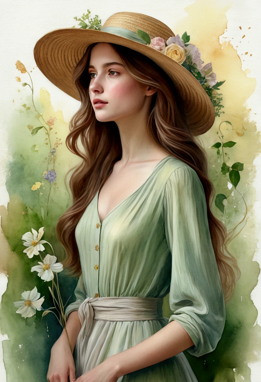 Create a digital illustration in a style that mixes realism and watercolor of a young woman (in standing profile) with fair skin with a soft and serene expression. She must be portrayed in full body, showing her beautiful green shoes. She has long, wavy brown hair that flows around her face naturally. His eyes are clear and bright, conveying a feeling of tranquility. The young woman wears a straw hat decorated with flowers, which add a touch of delicacy and romanticism to the scene. Her clothing is light and fluid, in pastel tones that complement the ethereal atmosphere of the image. The color palette should be soft, with touches of golden light and subtle shadows to create a feeling of warmth and harmony. She walks along a path with a bed of colorful flowers.