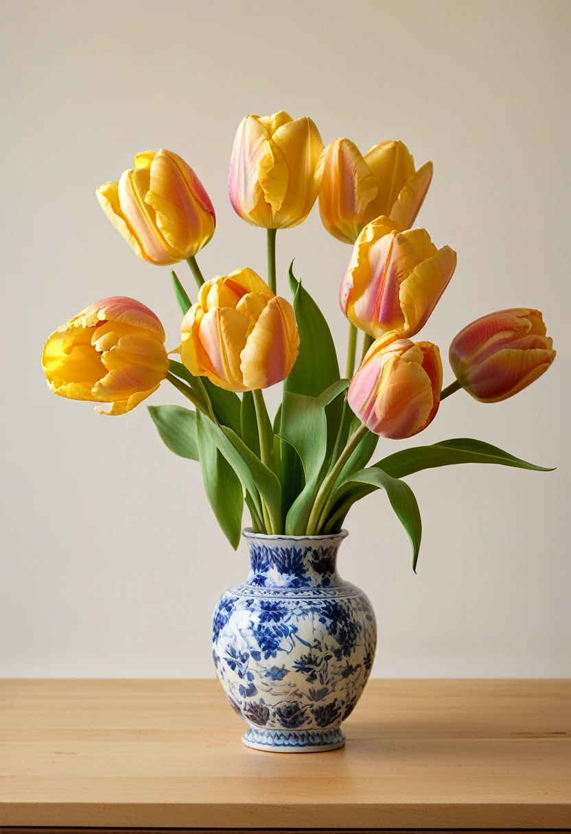 A still life arrangement of vibrant tulip blooms arranged in a classic Dutch-inspired vase, set against a soft focus blurred background of creamy white walls. Warm golden light casts a gentle glow on the petals, highlighting their intricate details and delicate curves.