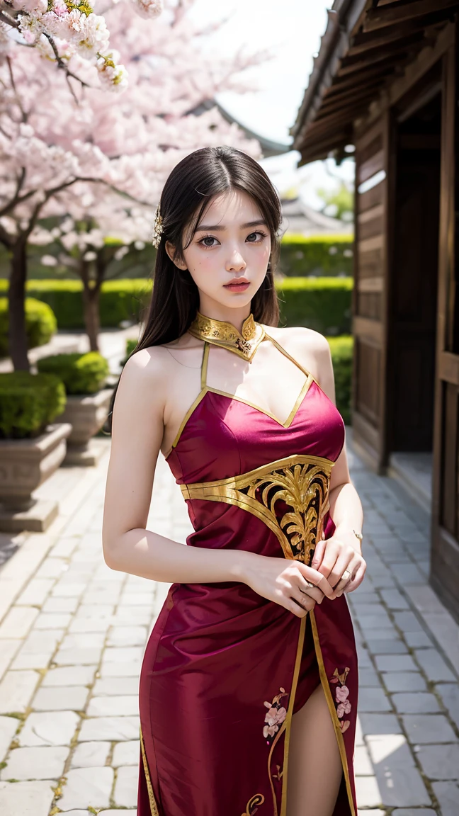 "Create an image of Leona from League of Legends by Riot Games in her Valiant Sword skin, wearing her elegant, Eastern-inspired armor with flowing fabrics and intricate patterns, no having clothes,having massive k-cups:1.55. She's in a serene, traditional courtyard with cherry blossoms and ancient architecture, in an attractive pose with her shield shining."

