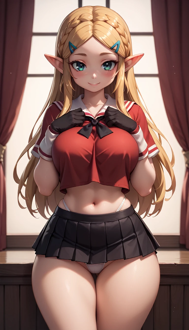 High resolution, Very detailed, perfect lighting, beautiful detailed eyes, ((masterpiece,Best Quality)), absurdities, alone, princess zelda, by the width, crown braid, Hair clip, pointy ears, Gloves without fingers, black gloves, smile, curves, nod, , deep neckline, deep neckline, red school uniform with white details,short skirt, visible underwear, White Thong, black uniform, red shirt with black bow, touching her breasts in a sexy way, close up