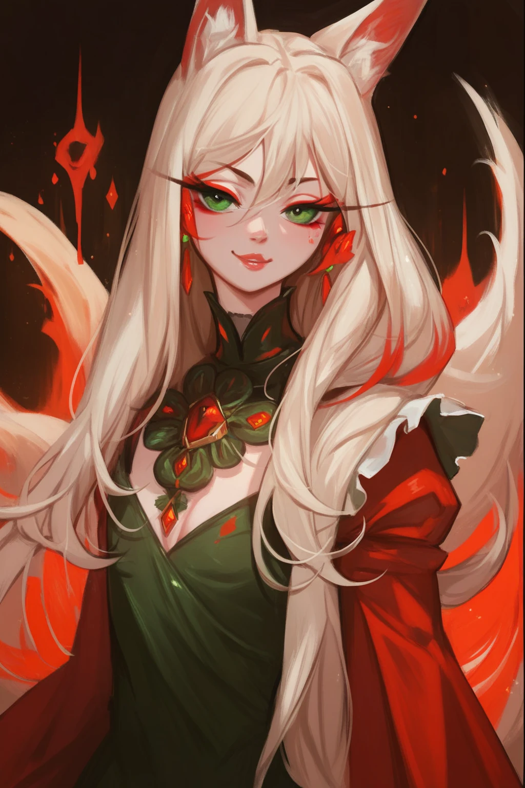 a close up of a upper body standing painting, sweetheart, solo, pale-skinned, (Fox ears), Elaborate Eyes, detail in face, Green-eyed, Red Eyeshadow, lips in red, black magic dress, awas, pervert smirk, tmasterpiece, high high quality, minimum, Tiny,
