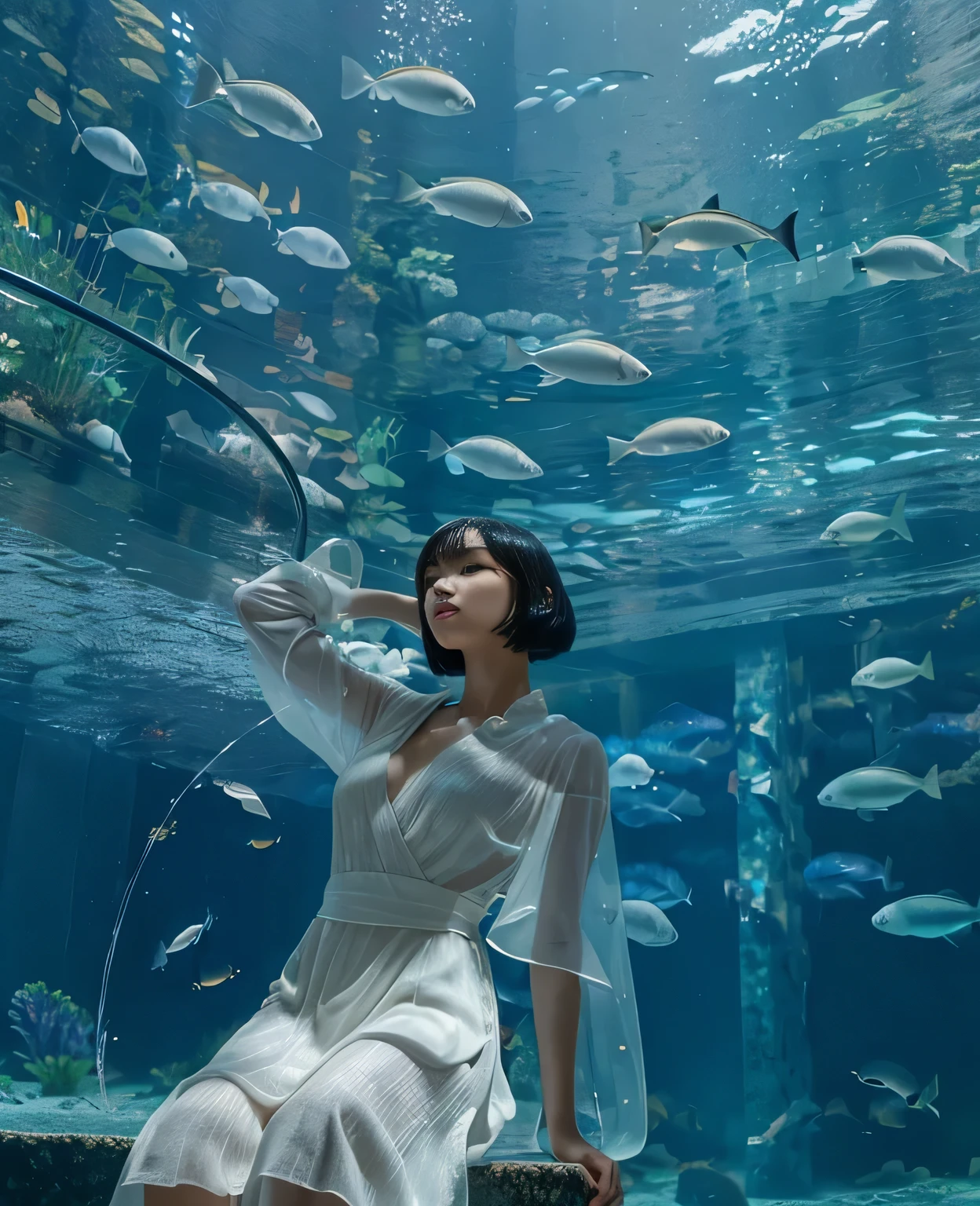 (Best quality, 8k, 32k, Masterpiece, UHD:1.2) "Generate a captivating artwork featuring a young Japanese girl model with short, sleek black hair styled in a chic bob haircut. Envision her bathed in dramatic cinematic lighting, creating an atmosphere of allure and mystery. Emphasize a romantic aesthetic vibe, showcasing the model in a poised and elegant pose that evokes a sense of intimacy and sophistication. Utilize warm and soft tones to enhance the romantic ambiance, and consider incorporating elements like flowing fabrics or flowers to add a touch of ethereal beauty. Capture the essence of romance and beauty through the model's expression, the play of light and shadows, and the overall aesthetic, creating a visually compelling and emotionally resonant piece." (perfect eyes), flawless skin, flawless face, cinematic, tight body, ((well-proportion female hands)) ((aquarium)) ((fishes))