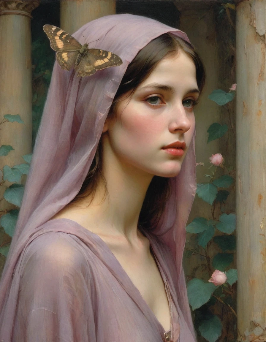 Masterpiece, ((realistic)), (propaganda poster), (((by John William Waterhouse))), (((Moebius Jean Giraud))), ((((profile portrait of a veiled roman 14 year old girl, extremely beautiful!!!!!!!! pretty!!!!! face!!!!!, tiny, very skinny, priestess, dignified, wearing silken robes, detailed moth and rose elements, muted colors)))), (((corinthian columns with moth elements, jungle background, mauve moths))). (flat!!!!! tiny!!!!! chest)