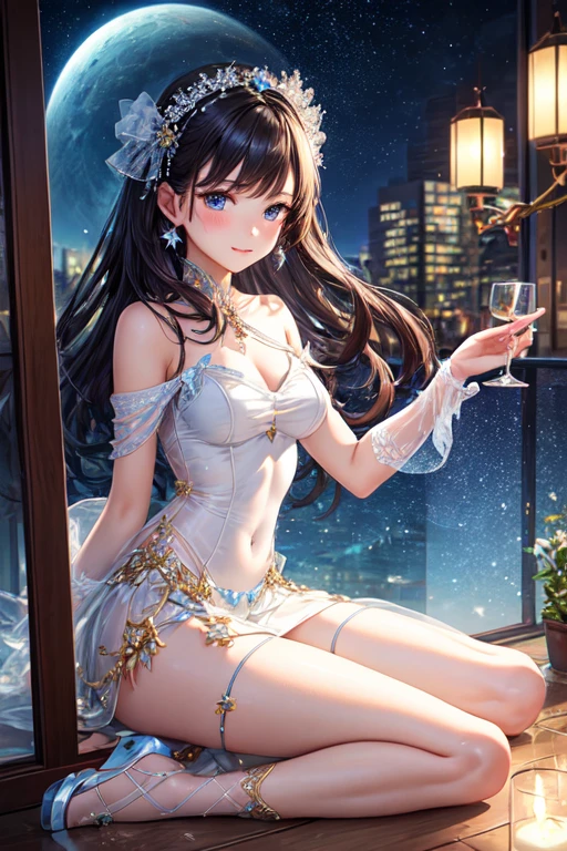 ((best quality)), ((masterpiece)), (detailed), beautiful women, Glass Slipper, Glass Skirt, Glass Dress, Night Sky
