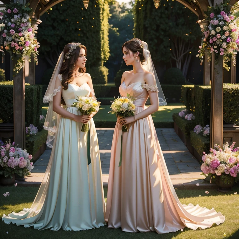 (masterpiece, best quality:1.5), highest quality, High resolution, super detailed, Realists, Upper body photo of the brunette bridesmaids, detailed and beautiful eyes, beautiful detailed lips, very detailed eyes and face, longeyelashes, Woman in chiffon bridesmaid dress, Beautiful and colorful makeup, elegant and noble々Pose,shiny satin headband, Grinding around the belly, Holding flowers, Gardens as background, soft daylight, bright colors, fine brushstrokes, Portrait style, Noble details in the dress fabric, beautiful color palette, glowing skin, First-class rendering, that captures every detail, enchanting atmosphere, subtle shadows and lights, (perfect anatomy:1.2), (The two stunning bridesmaids are deeply in love:1.4), (kiss:1.2), (magnificent panorama view:1.2)