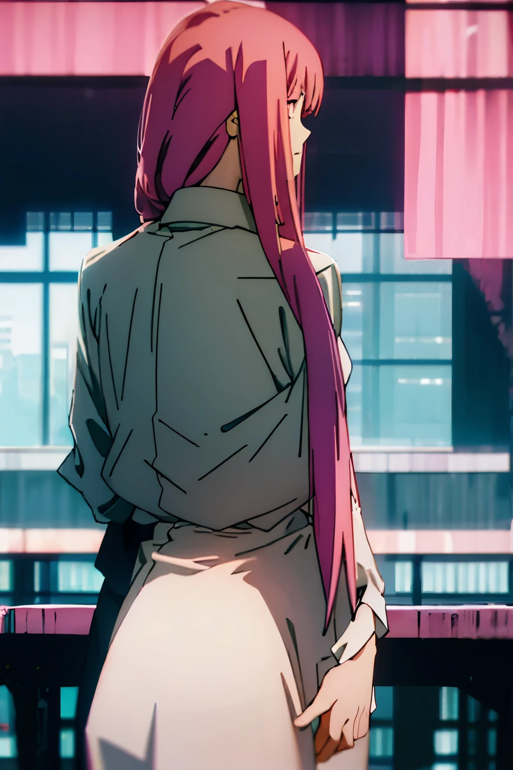 masterpiece, best quality, complex, Long hair, pink Hair, pink Eyes, black suit, white shirt, Put your hands behind your back, outdoor, Chainsaw man, Pregnant belly