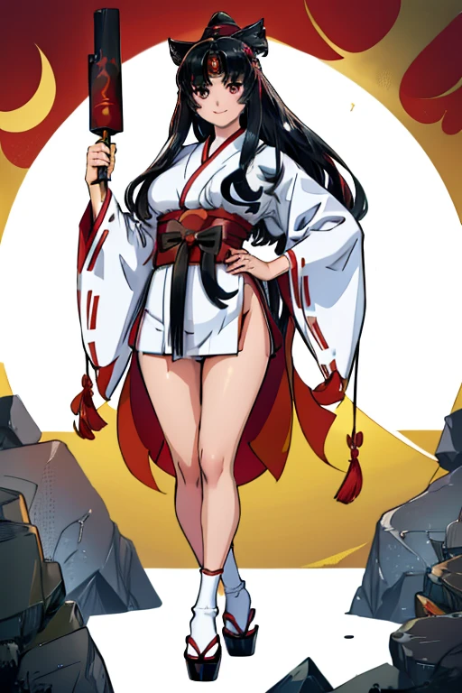 female, silver long hair, red eyes, (((1girl))), (((red kimono))), (black Japanese sandals), (white socks), (black skirt), cute and sexy, full body, large breasts, long legs, smiling, standing