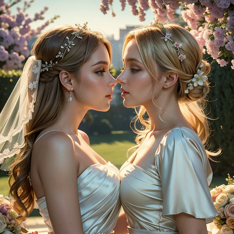(masterpiece, best quality:1.5), highest quality, High resolution, super detailed, Realists, Upper body photo of the blonde bridesmaids, detailed and beautiful eyes, beautiful detailed lips, very detailed eyes and face, longeyelashes, Woman in bridesmaid dress made of shiny satin fabric, Beautiful and colorful makeup, elegant and noble々Pose,shiny satin headband, Grinding, Holding flowers, Gardens as background, soft daylight, bright colors, fine brushstrokes, Portrait style, Noble details in the dress fabric, beautiful color palette, glowing skin, First-class rendering, that captures every detail, enchanting atmosphere, subtle shadows and lights, (perfect anatomy:1.2), (The two stunning bridesmaids are deeply in love:1.4), (kiss:1.2), (magnificent panorama view:1.2)