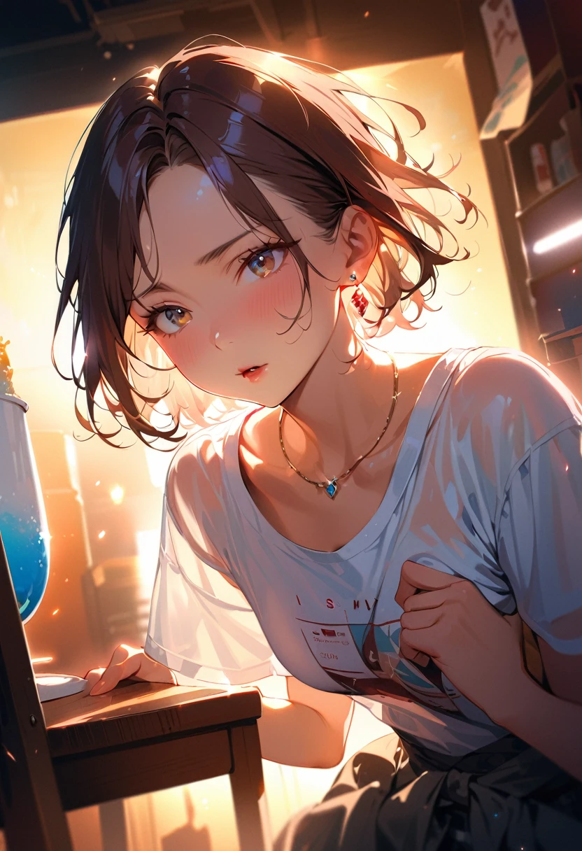 masterpiece, Highest quality, (((Eating shaved ice makes me feel refreshed)))、(((I shut my eyes tightly and scream in pain)))、Raising awareness, Sax Blue, プラチナEarrings, Platinum Necklace, White Dress, One Girl, cute, (Dynamic Lighting:1.2), Cinema Lighting, Delicate facial features, Detailed eyes, Sharp pupils, Realistic student, Written boundary depth, ボケ Written boundary depth, Sharp focus, (Very detailed, bloom, Shine:1.4), Lots of little gems, (((short_hair))), Twin tails、Earrings、分けた前hair、銀hair、Upper Body、Ultra close-up footage、She wears a see-through tank top.The top is transparent up to the chest.、See-through design。ボトムスは非常にshortネイビーブルーのプリーツスカートで、Fits snugly around the waist。The background is simple white.、this、The text is easier to see.。The light source is a soft light from the front....、The overall atmosphere is bright and clean....。