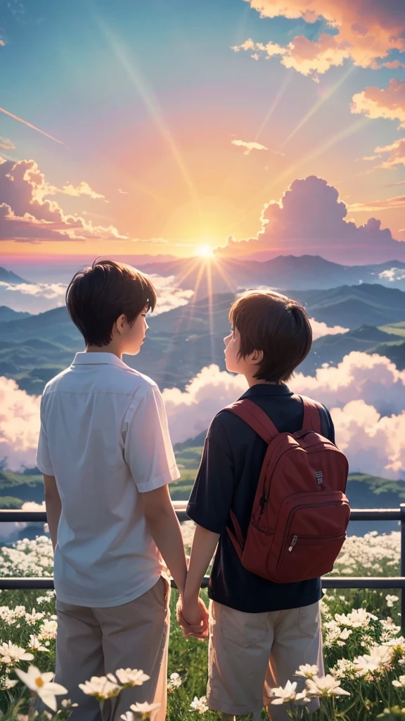 "Anime-style illustration of two young men looking up at the sunset sky. A boy and a girl are standing with their backs to each other in the foreground, With thick clouds and sunlight spreading across the sky. Children are standing in front of an old metal fence, Surrounded by white flowers, White flowers are falling. Rainbow light shines in the sky, exuding a mysterious atmosphere. The illustrations are drawn in Makoto Shinkai's detailed anime style., With rich colors and light. This scene has a fantastic and moving atmosphere.."