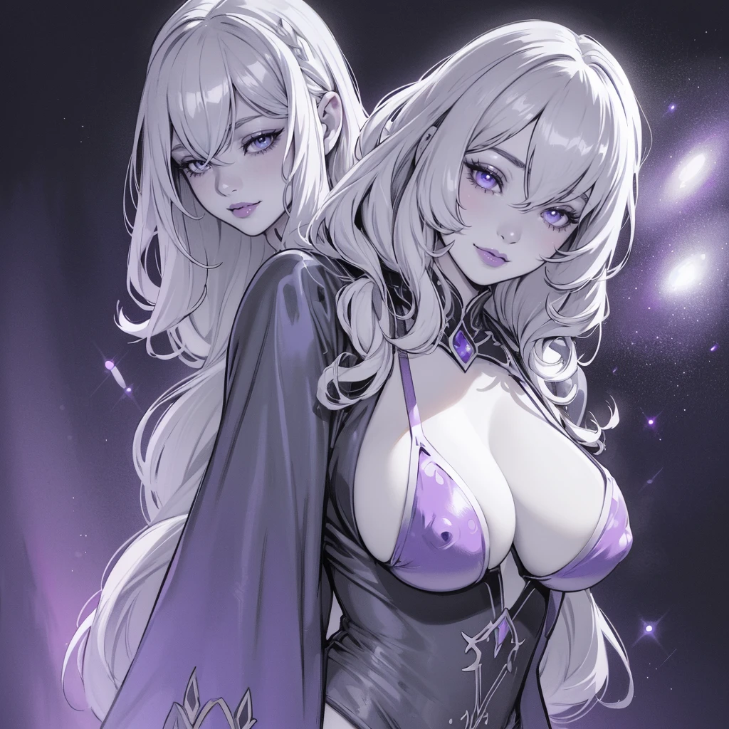 (Female drow slave bikini chest covered)(smile) Gray skin, pale golden hair and violet eyes. She prefer's clothing of white and silver with cloaks of deep blue or purple, grey background, huge_knockers, ((very precise detailed)) ((highres)