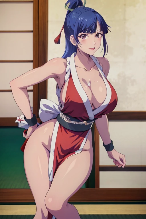 masterpiece, best quality, beautiful art, high resolution, well formed hands, body and fingers, 1 woman, solo, Ami Tsuruga, red makeup, red lipstick,adult, grown up,  cosplaying as Mai Shiranui , mai_shiranui_cosplay, adult, large and round breasted, cleavage, full body , hair ribbon, gorgeous legs and, thighs, sexy Japanese clothes, hair ornament , sexy legs , hips and thighs, fighting in a combat match, showing her fighting skills, making her guard, about to hit the viewer, looking at the viewer,   sweating, bouncing breasts, smiling joyfully and brightly, being confident and proud, action and fighting scene, fighting cage on beach environment.                        