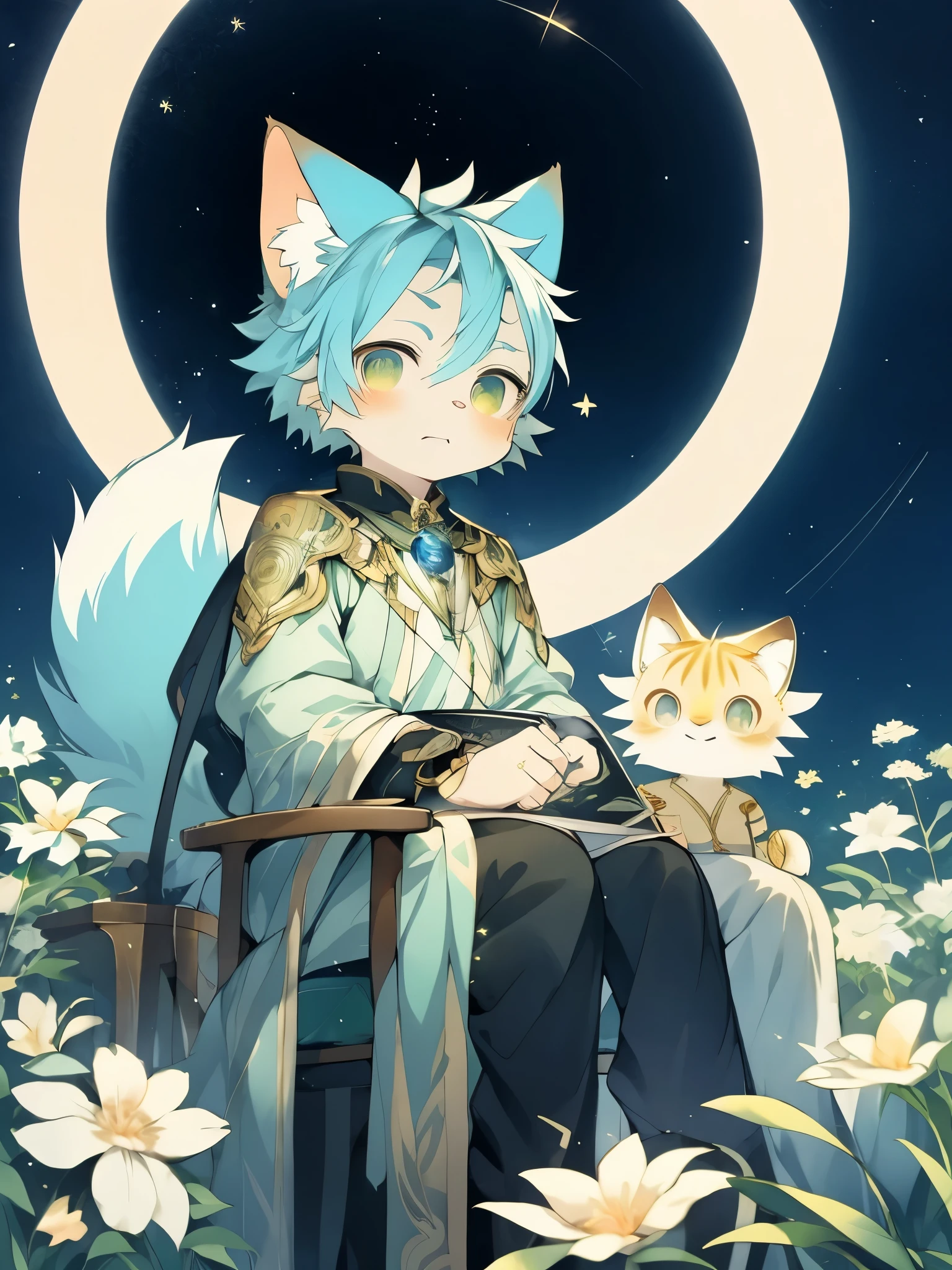 坐在草地上看Star的动漫男孩, Kaworu Nagisa, Official Art, Official Fanart, Official animation stills, Sitting in the fields, 舒适的夜晚firefly, Official illustrations, Star(Sky) Starry_Sky, 看Star, Zerochan art, firefly!!, author：Art Nouveau, Inspired by Tosa Mitsuki，Blue male cat,Hairless Orc