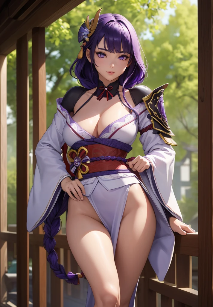 ((1girl, solo)), beautiful body, (perfect anatomy, perfect body, perfect hands, perfect legs), natural proportions, sexy body, large breasts, ((full body, full body front)) BREAK ((extremely detailed face)), (beautiful detailed eyes:1.6), (realistic pupils, realistic iris:1), expressive eyes, looking at viewer, (clear eyes:1.3), (hyperrealistic:1.2), (detailed skin texture:1.2), smooth skin, raiden shogun, (purple hair:1.5), (purple eyes), long hair, very long hair, braid, (braided ponytail:1.5), bangs, parted bangs, hair ornament, hair tie, ((mature female)), ((little smile)), (detailed lips:1.2), (attractive lips:1.1), (glossy lips:1.1), (parted lips), perfect face, perfect eyes BREAK (revealing clothes:1.5), (japanese armor:1.5), (samurai armor), (groin:1.5), (((highleg))), bikini armor, pelvic curtain, partially visible vulva BREAK (masterpiece:1.5), anime-style, top quality, best quality, (beautiful and aesthetic:1.2), (ultra detail:1.5), Ultra-detailed depiction, Ultra-precise depiction, extremely detailed 8k illustration, high resolution, (highly detailed shading:1.2), (realistic lighting:1.4), perfect lighting, vibrant colors, dynamic tones, striking hues, 8k, absurd resolution, perfect shadows, hdr, UHD, ambient lighting, realistic, ultra-realistic, photo realistic, highly detailed, rich detail, luminous colors, fine texture, intricate design, professional illustration, (soft light:1.2), (illustration:0.7)