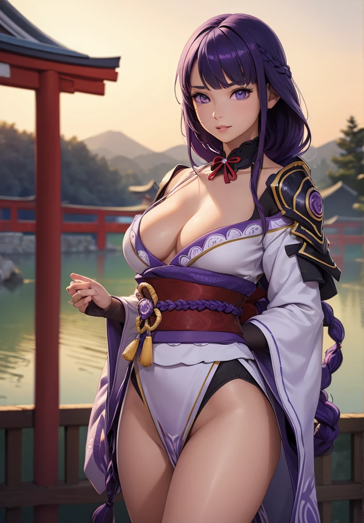 ((1girl, solo)), beautiful body, (perfect anatomy, perfect body, perfect hands, perfect legs), natural proportions, sexy body, large breasts, ((full body, full body front)) BREAK ((extremely detailed face)), (beautiful detailed eyes:1.6), (realistic pupils, realistic iris:1), expressive eyes, looking at viewer, (clear eyes:1.3), (hyperrealistic:1.2), (detailed skin texture:1.2), smooth skin, raiden shogun, (purple hair:1.5), (purple eyes), long hair, very long hair, braid, (braided ponytail:1.5), bangs, parted bangs, hair ornament, hair tie, ((mature female)), ((little smile)), (detailed lips:1.2), (attractive lips:1.1), (glossy lips:1.1), (parted lips), perfect face, perfect eyes BREAK (revealing clothes:1.5), (japanese armor:1.5), (samurai armor), (groin:1.5), (((highleg))), bikini armor, pelvic curtain, partially visible vulva BREAK (masterpiece:1.5), anime-style, top quality, best quality, (beautiful and aesthetic:1.2), (ultra detail:1.5), Ultra-detailed depiction, Ultra-precise depiction, extremely detailed 8k illustration, high resolution, (highly detailed shading:1.2), (realistic lighting:1.4), perfect lighting, vibrant colors, dynamic tones, striking hues, 8k, absurd resolution, perfect shadows, hdr, UHD, ambient lighting, realistic, ultra-realistic, photo realistic, highly detailed, rich detail, luminous colors, fine texture, intricate design, professional illustration, (soft light:1.2), (illustration:0.7)