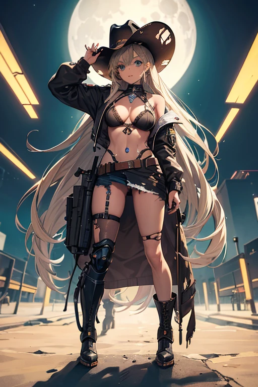 a cyborg girl, milf, robotic legs and arm, cowboy hat, long braided brown hair, torn clothes, exposed panties and bra, military boot, rifle under arm, legs apart, background moon