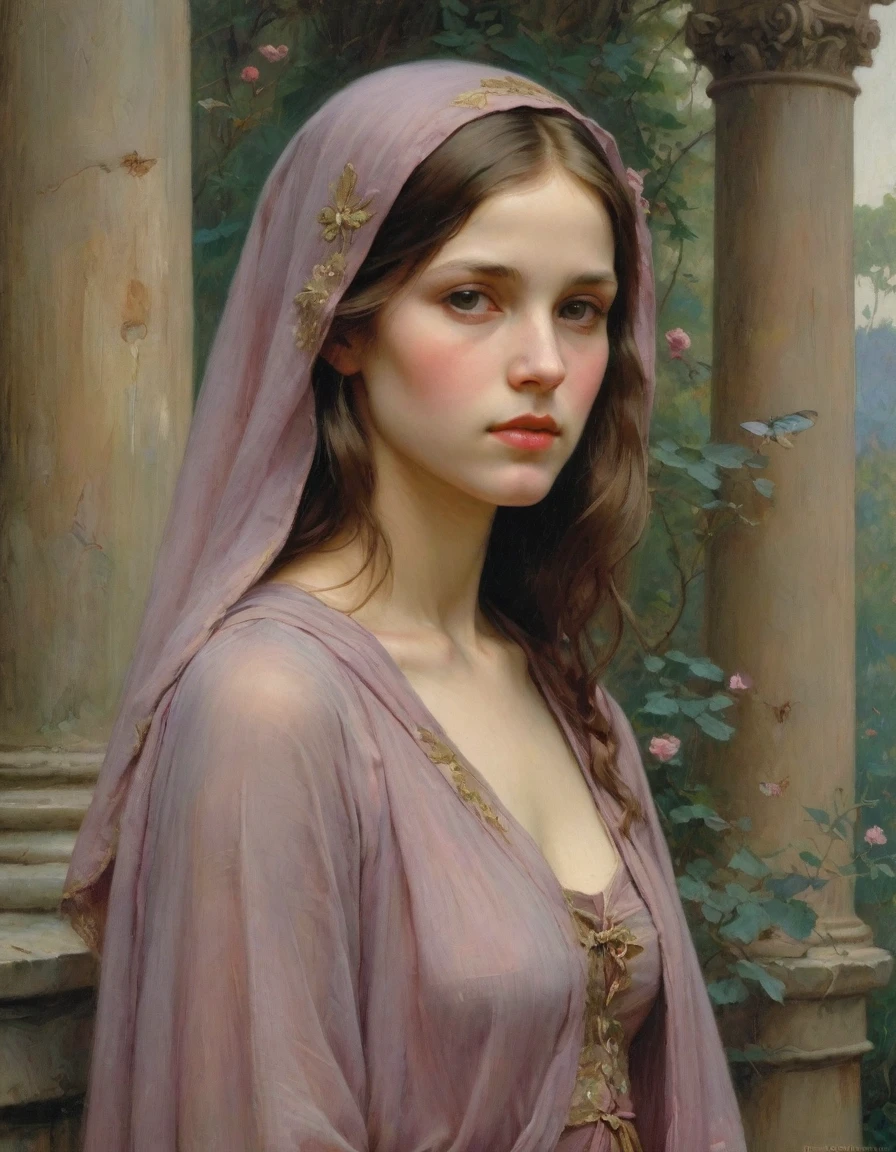 Masterpiece, ((realistic)), (propaganda poster), (((by John William Waterhouse))), (((Moebius Jean Giraud))), ((((profile portrait of a veiled roman   10 year old girl, extremely beautiful!!!!!!!! pretty!!!!! face!!!!!, tiny, very skinny, priestess, dignified, wearing  silken robes, detailed moth and rose elements, muted colors)))), (((corinthian columns with moth elements, jungle background, mauve moths))). (flat!!!!! tiny!!!!! chest)