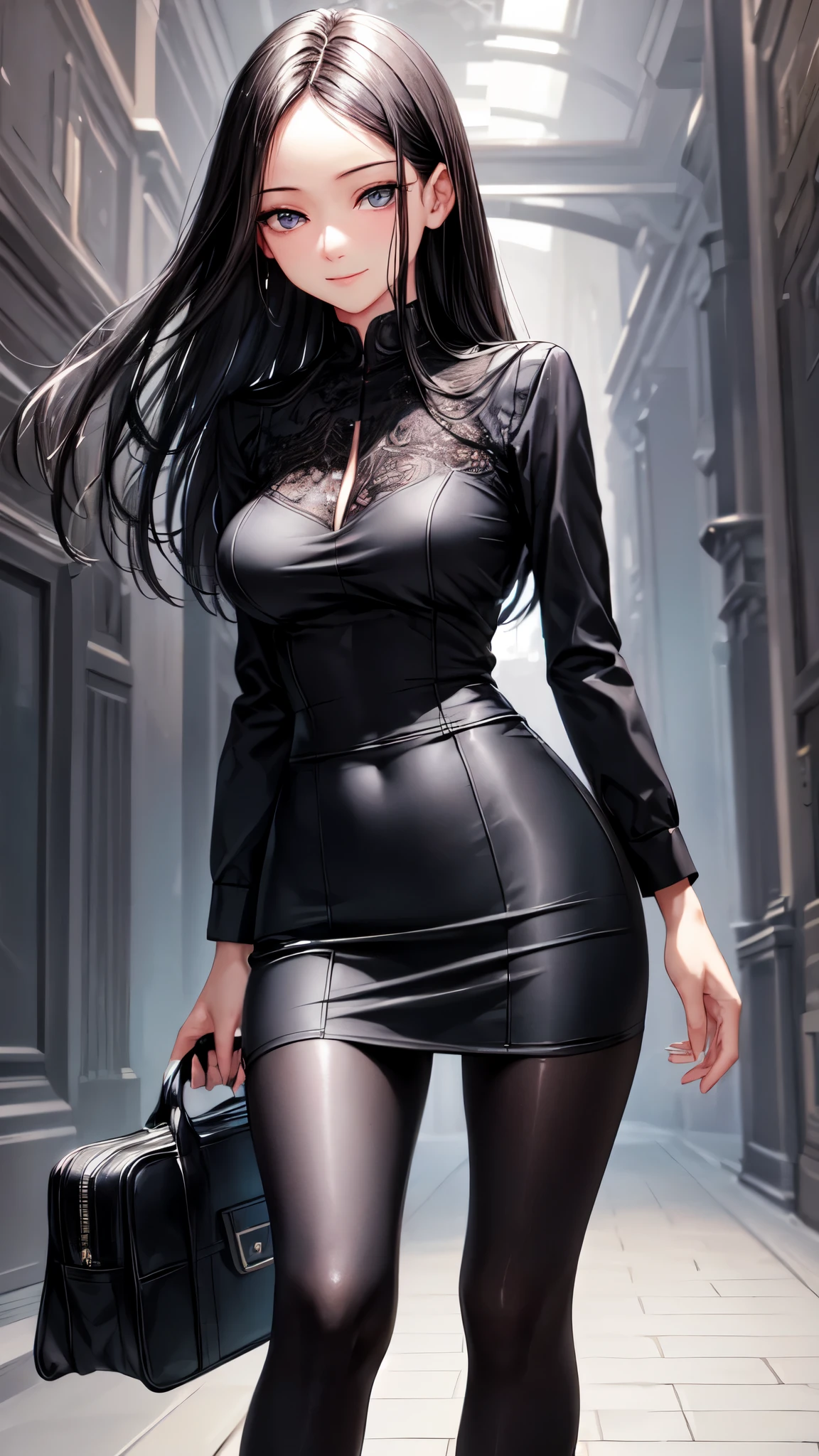 ((masterpiece,best quality,ultra detailed,high resolution)),((solo)),from behind,light-smile,lokking viewer,(beautiful woman),(black hair,straight hair,medium hair,forehead),(beautiful detailed face,beautiful detailed eyes),(finely detailed skin),(skinny,short,medium breast,medium hip),(business suit,tight skirt),(panty-lines),walking in the station,