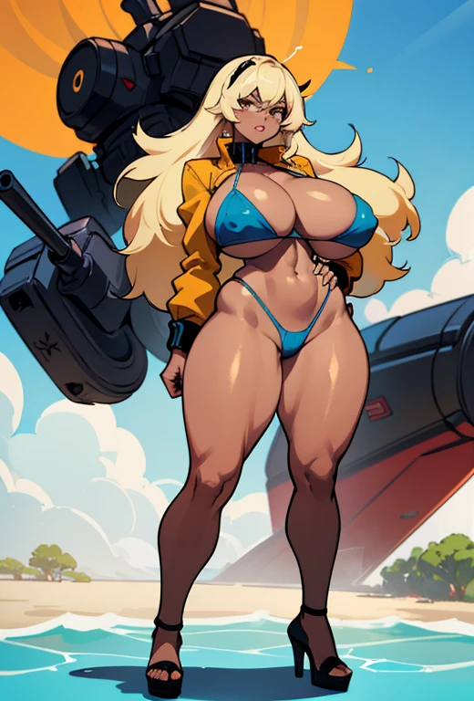 Young girl, Pullover, blue bikini, mini bikini, whole body to see, disgusting face, angry, scream,  Bob hair , (( very wide hips)), (((colossal Thighs, gigantic thighs, very huge thighs, very big thighs))), fullbody, platform heels, tanned , brown skin, big breast, gun, soldier girl , leg garter, standing, front pose, blonde, black skin, ebony skin,