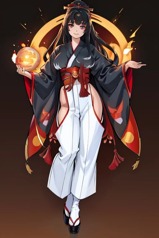 female, silver long hair, red eyes, (((1girl))), (((red kimono))), (black Japanese sandals), (white socks), (black hakama pants), cute and sexy, full body, large breasts, long legs, smiling, standing