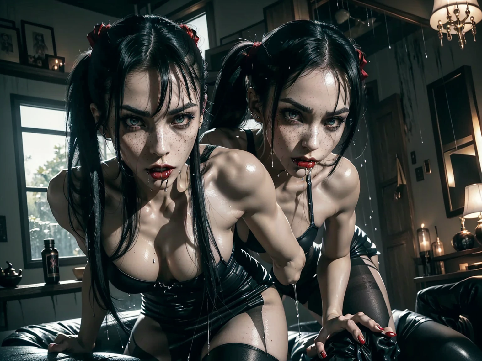 (((red dripping blood))), ((1 female vampire with sharp perfect fangs)), (She is sucking on a man's penis to the hilt), she is biting into a man's penis with her sharp fangs intense, super slutty,, POV imamate insertion, (skintight slutty and revealing bodysuit), helpless and at a giantesses mercy ,the 2 women are looking down at you at their feet, ((POV from a Giantess's soon to be human dildo)), ((skirt/pantyhose)), perfect legs and skinny thighs, pantyhose, ((perfect tight ass)), tight wet pussy, giantess, dread, impending death, sex, domination, ((Perfect eyes and face)), ((closed wet full lips)), ((perfect hands and fingers)), ((( a lot of white cum is dripping out of her pussy))), ((she has a skinny and toned strong body)), ((makeup)), ((freckles)), ((perfect eyebrows)), ((sharper edges)), ((perfect scary grey eyes)), perfect intimidating face, slut, sadistic, predatory, better detail on her skin, perfect face and strong jawline, perfect full wet lips, sadistic atmosphere, wet sweaty skin, more detail, beautiful intimidating grey eyes, ((beautiful horror)), better lighting, more toned muscles, perfect detail on her intimidating eyes, very tight underwear, ((tight pussy)), (((tighter clothing))), slutty, intense, perfect detail, tight and sexy, ((piercings)), skinny, skinny and strong, more skin showing, intense, slutty, freckles, long skinny perfect legs, scary and intense, she is a skinny and toned 25 year old sexy and perfect and intimidating Japanese/American skinny/tone futuristic evil retribuition alice, pale white skin, eye contact, (full tall body is shown), (((hair with short ponytails and bangs))), , perfect face and eyes, she has a skinny and athletic body wearing pantyhose, only her full body is shown above the viewer looking down at him, perfect face, perfect strong jawline, perfect lips, best resolution, perfect bone structure, femdom, she has a skinny and toned young perfect body and legs, tight stockings