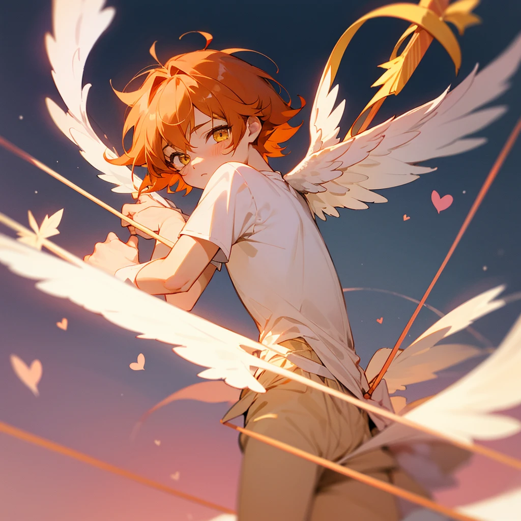 Chibi, anime boy, little boy, 17 years old, orange hair, yellow eyes, white angel wings, angel, small, cute, short fluffy hair, angel boy, small
I am a cupid
cupid
bow with heart arrow
hearts
pastel pink background