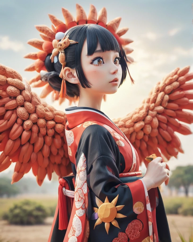 Insane Details, Melancholy Pokémon Ostrich, Sun in the sky, Shallow depth of field, Simple and clean, Intricate details, Bright design, Poster Art, point、Kimono with red Japanese pattern、Black bobcut、girl