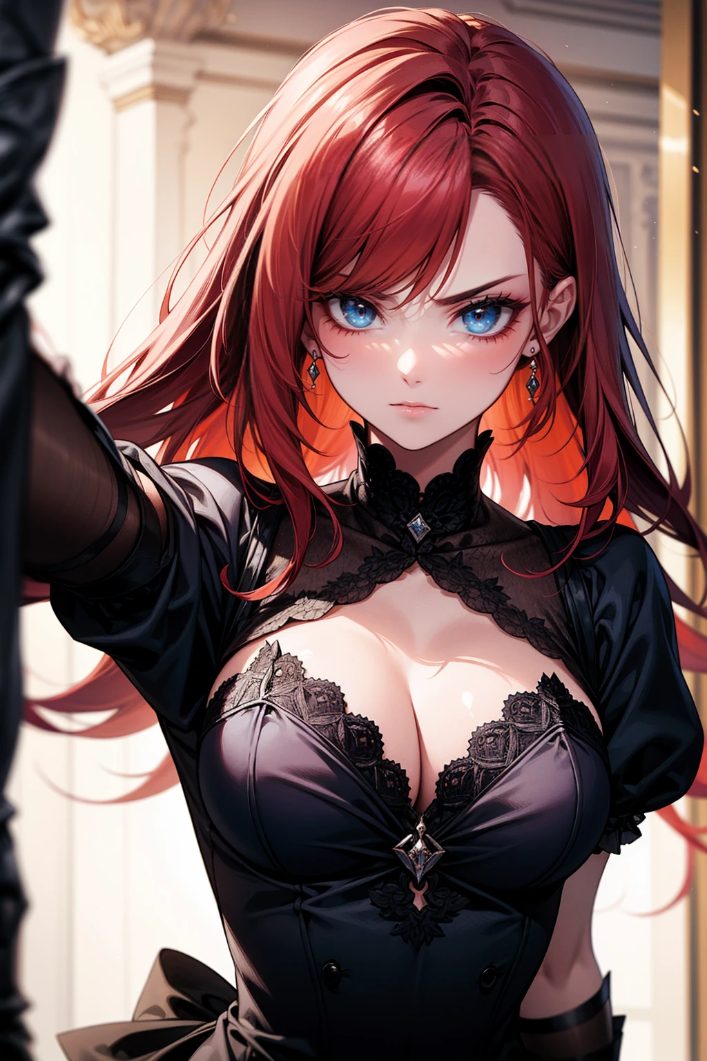 long gloves up to the elbow、dress、Unscrupulous Lady、Overbearing、Glare、look down、Red Hair