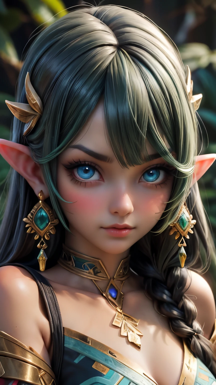 masterpiece, best quality, 1 pretty woman, tan skin, portrait, blue green mixed coloured eyes, long wild black hair, eye makeup, wearing tribal style clothes, elven style, wearing a bone jewellery, realistic,concept art