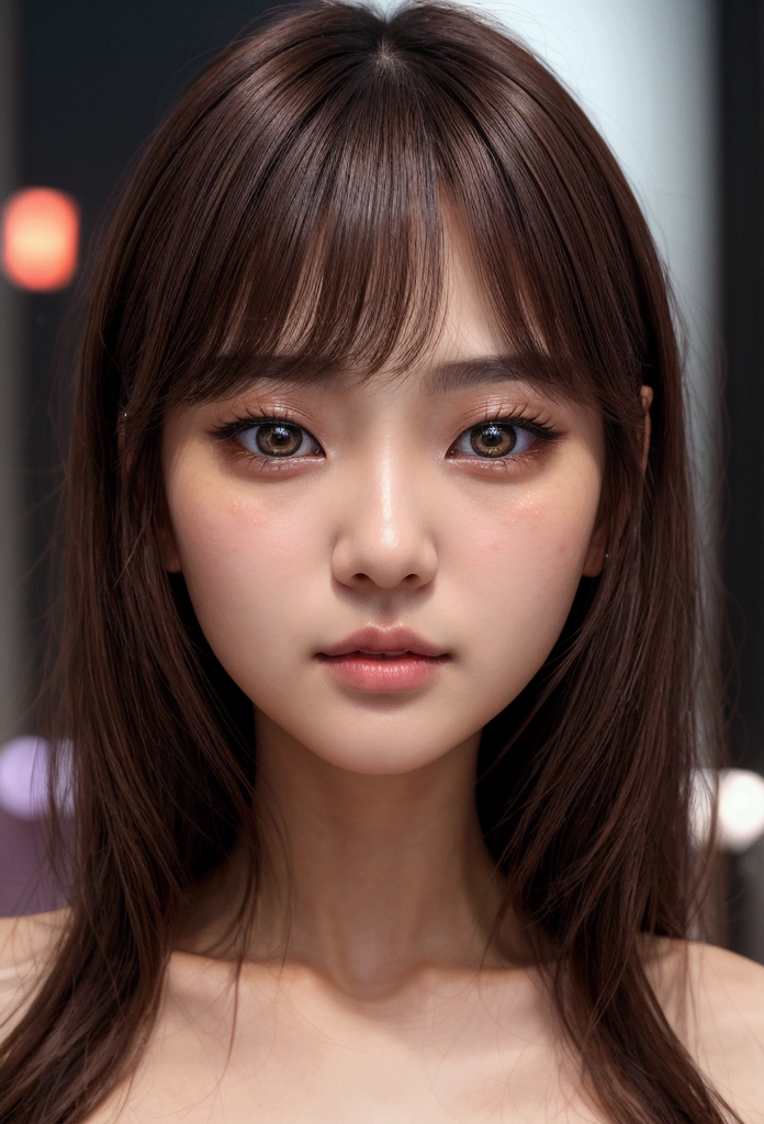 masterpiece、1 beautiful girl、Detailed eyes、Puffy eyes、Highest quality, 超High resolution, (Reality: 1.4), Cinema Lighting、Japanese、Asian Beauty、Korean、Super Beauty、Beautiful Skin、Slender、Body facing forward、Close-up of face、(Surreal)、(High resolution)、(8k)、(Very detailed)、(Beautiful and detailed eyes)、(Ultra-detailed)、 (wallpaper)、Detailed face、Bright lighting、Professional Lighting、View your viewers、Look straight ahead、Diagonal bangs、Night Scenery、Brown Hair、Nogizaka Idol、Korean Idol