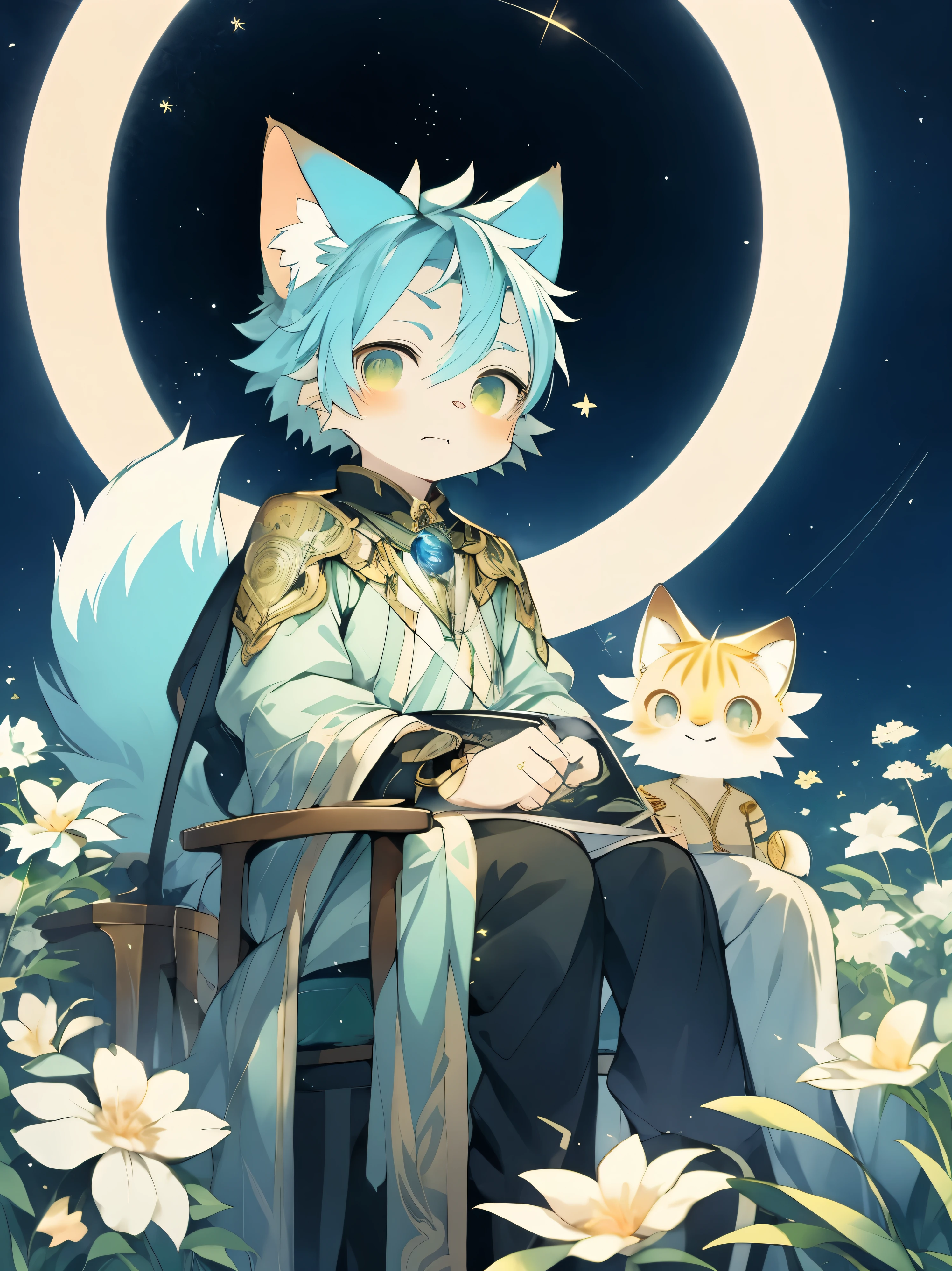 坐在草地上看star的动漫男孩, kaworu nagisa, Official Art, Official Fanart, Official animation stills, Sitting in the fields, Cozy night firefly, Official illustrations, star(Sky) starry_Sky, 看star, zerochan art, firefly!!, author:art nouveau, Inspired by Tosa Mitsuki,Blue male cat,Hairless Orc