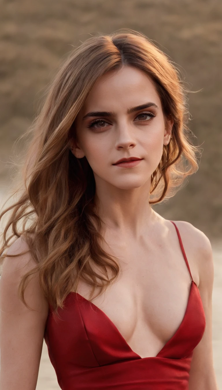 (Emma Watson), no bra, pokies, (Sexy Red Slit Dress) fluffy, low cut neckline, seductive, cowboy shot, 8k, (very thin waist:1.3), big breasts:1.5, (Long Hair:2.0), wave, soft skin, long hair in the wind, Lake