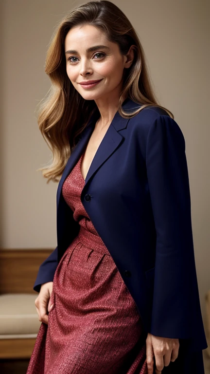 Emmanuelle Béart wearing clothes made of beautiful fabrics and smiling