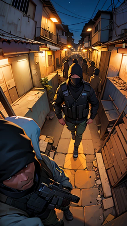 (best qualityer). Armed traffickers, wearing balaclava, in a Brazilian favela, during at night. ((panorama, first-person view)).