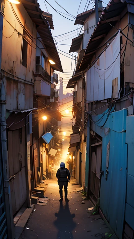 (best qualityer). Armed traffickers, wearing balaclava, in a Brazilian favela, during at night. ((panorama, first-person view)).