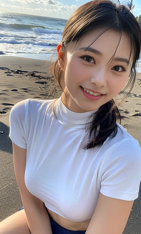 (a gorgeous asian lady, age 20s, wearing a wet oversized white high-neck t-shirt, pleated skirt, squatting at a polluted beach, removing trash plastic, Beach Cleanup, Ocean Cleanup, (beach by the sea:1.2),
Hopeful expression, kind smile, dimpled cheeks, short ponytail, short bob hair, cute snaggleteeth, ample round bosom, perfect body anatomy, photorealistic, beautiful detailed eyes,
hyper-realism, high contrast, ultra HD, realistic skin textures, top image quality, top-quality, super high resolution, fine details, serene ambience, very meticulously, high angle shot, medium shot, cowboy shot, sun rays, lens flare, SFW)