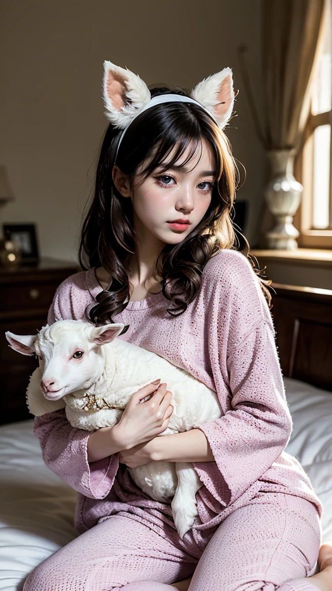"Depict Kindred from League of Legends by Riot Games in their Pajama Guardian skin, with Lamb wearing her cute, no having clothes,pajama-themed outfit with soft fabrics and starry patterns, having massive k-cups:1.55. Wolf is a fluffy, comforting presence. They are in a cozy, dreamy bedroom with twinkling lights and plush toys, in an attractive pose with Lamb holding her bow playfully and Wolf curling up beside her."