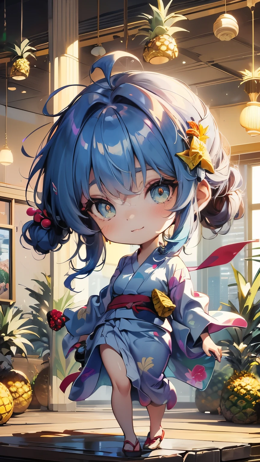 (Chibi animation、One Chibi、masterpiece、Drawn with thick colored pencils:1.2)、(Chibi Body、Small face、Cute all over、Light blue hair color, Short chignon hair:1.4),(Highly detailed eyes、Golden Eyes、Breast enlargement、Gloss Lip、 :3, Ahoge, Carefully drawn fingertips、Very thin legs)、(Pineapple Wallpaper、Big fresh pineapple:1.5)、(Chibi Girl、hair ornaments、Rainbow Yukata:1.5),(The wind is blowing、Pineapple Tower、Worship、A miracle photo、8k、Ultra HD Photos、Highly detailed art gems:1.4)