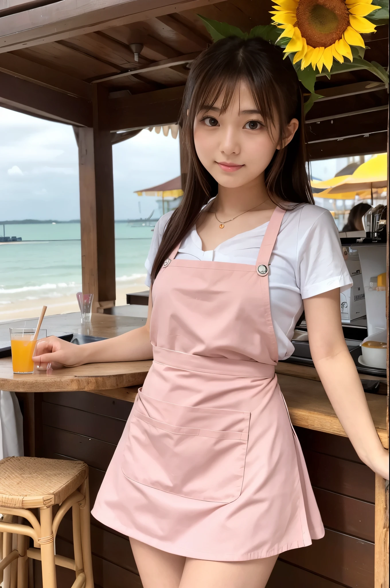 A girl (twenty years old, Japanese cute face) are wearing pink apron, mini skirt at the beach bar