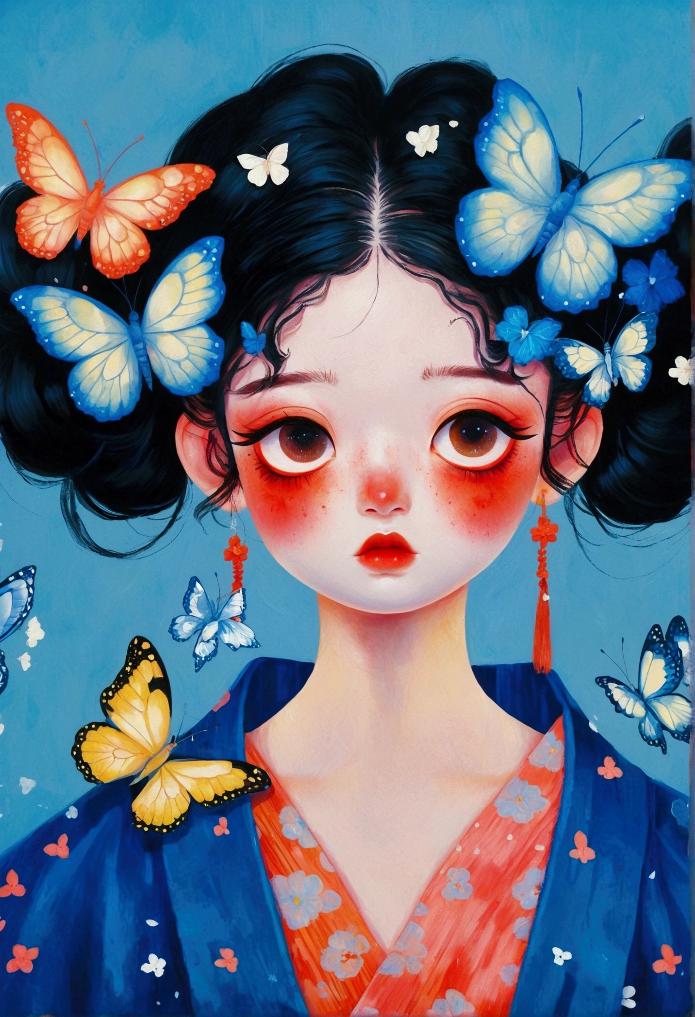 The painting shows a cute girl wearing a Japanese kimono，big eyes，big eyes!!!There are butterflies and eyes on the head, James Jean (James Jean) Inspired by the extremely detailed, Popular on artstation, Pop surrealism, james jean 和 wlop, japanese Pop surrealism, Loish |, James Jean Andre Ryabovich, yanjun chengt, Beeple 和 Jeremiah Ketner, Juster Battle