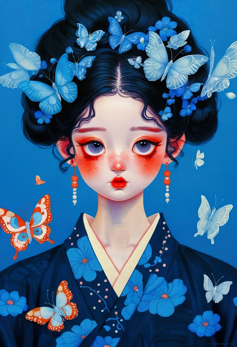 The painting shows a cute girl wearing a Japanese kimono,big eyes,big eyes!!!There are butterflies and eyes on the head, James Jean (James Jean) Inspired by the extremely detailed, Popular on artstation, Pop surrealism, james jean 和 wlop, japanese Pop surrealism, Loish |, James Jean Andre Ryabovich, yanjun chengt, Beeple 和 Jeremiah Ketner, Juster Battle