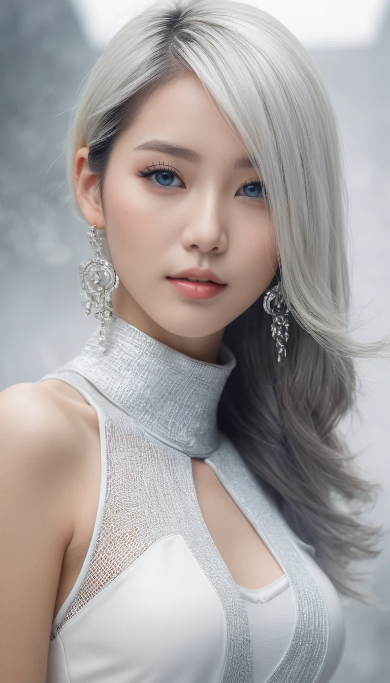 (masterpiece, Best Quality, hyper Detailed, hyper Realistic:1.4), BREAK beautiful Pretty and cute woman, Japanese ig model, glamorous body, render of april, (all body shot, standing:1.2), BREAK (Detailed wear, all body wear:1.2), (sleeveless futuristic high-neck knit one-piece dress:1.4), (emphasis on body contour:1.2), (white theme:1.4), (silver metallic thread embellishments:1.3), (silver statement necklace:1.3), (silver cuff bracelets:1.3), (silver hoop earrings:1.3), (silver anklet:1.3), (white futuristic sunglasses with silver frames:1.3), (white leather gloves:1.3), (skirt hem held by hand:1.3), (high-tech thick-soled high-top sneakers:1.4), (white theme:1.2), (silver details:1.2), (futuristic latex sun visor:1.4), arranged gray hair, BREAK (Detailed medium breasts, Detailed bodyline, Detailed legs and calves), (ultra slim waist, firm medium breasts, medium buttocks, beautiful sexy legs:1.2), White and beautiful Silky skin, thin and short neck, small head, BREAK small head, Detailed face, cute and Pretty slim face, Duck mouth, perfect beautiful Tooth, blue eyes, half open eyes, shiny eyes, gray hair, looking other, (in a concrete, fog, mist, steem)