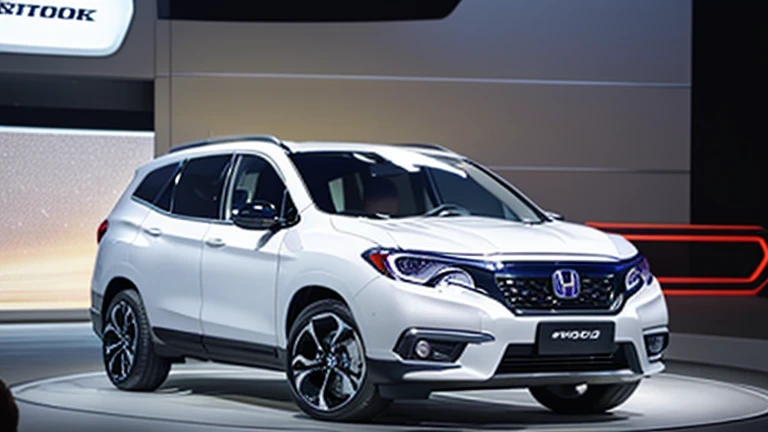 Realistic future car concept image of Honda Passport 2025, detailed front view, White Metellic color, isolated on international car show background. --v 6.0 --ar 16:9 --style raw --s 750